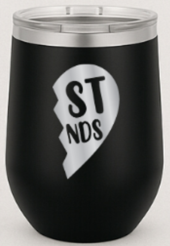 12oz black stainless wine tumbler with laser-engraved “st nds” half-heart design — right side of Best Friends set