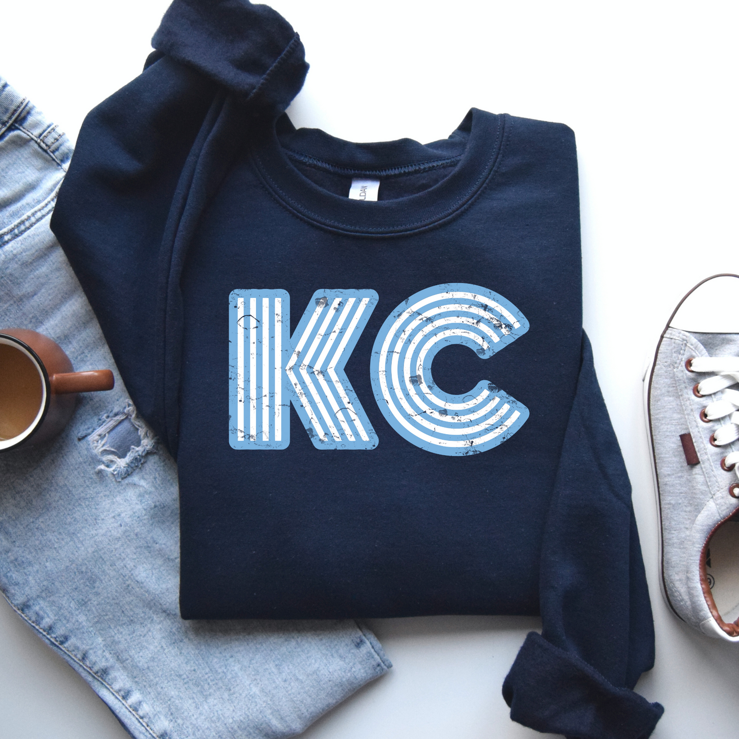 Distressed Light Blue KC Sweatshirt - Navy
