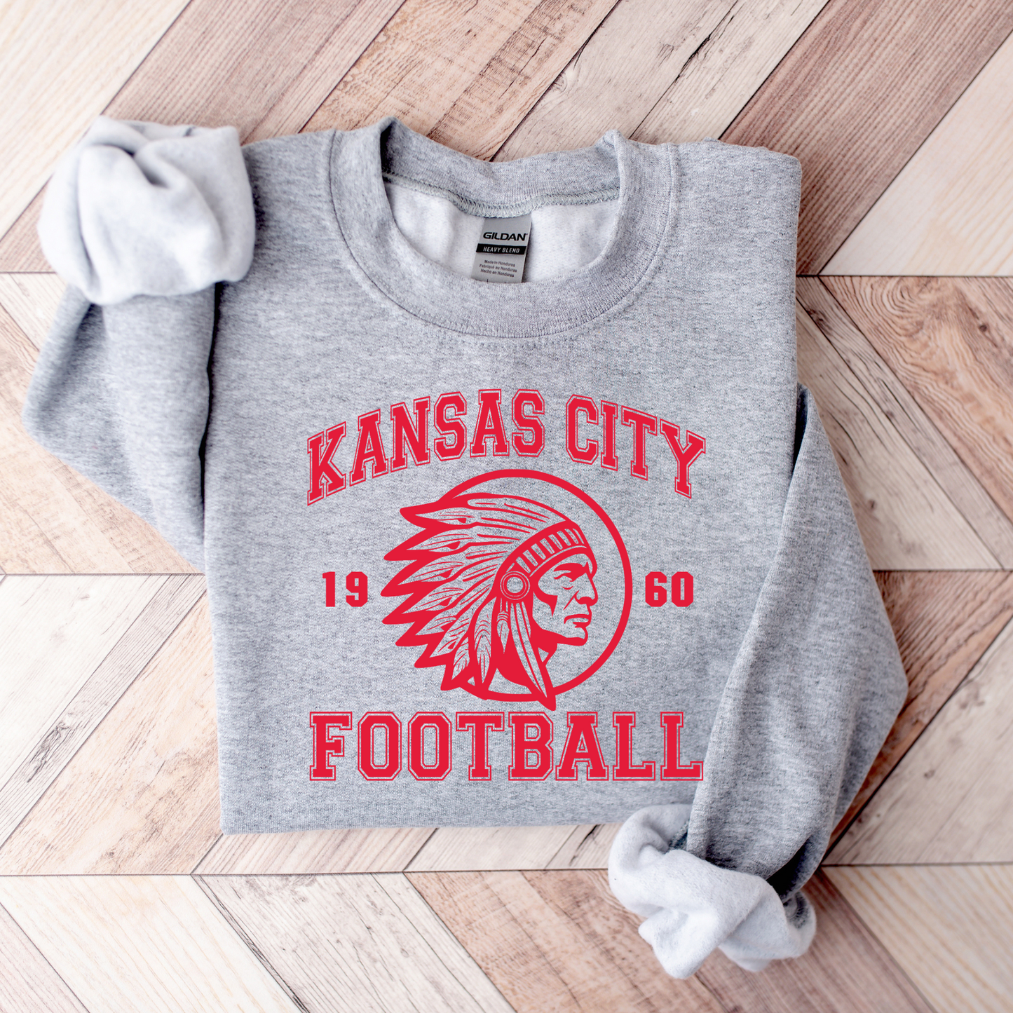KC Football Vintage Chief Grey or Sand Gildan Sweatshirt