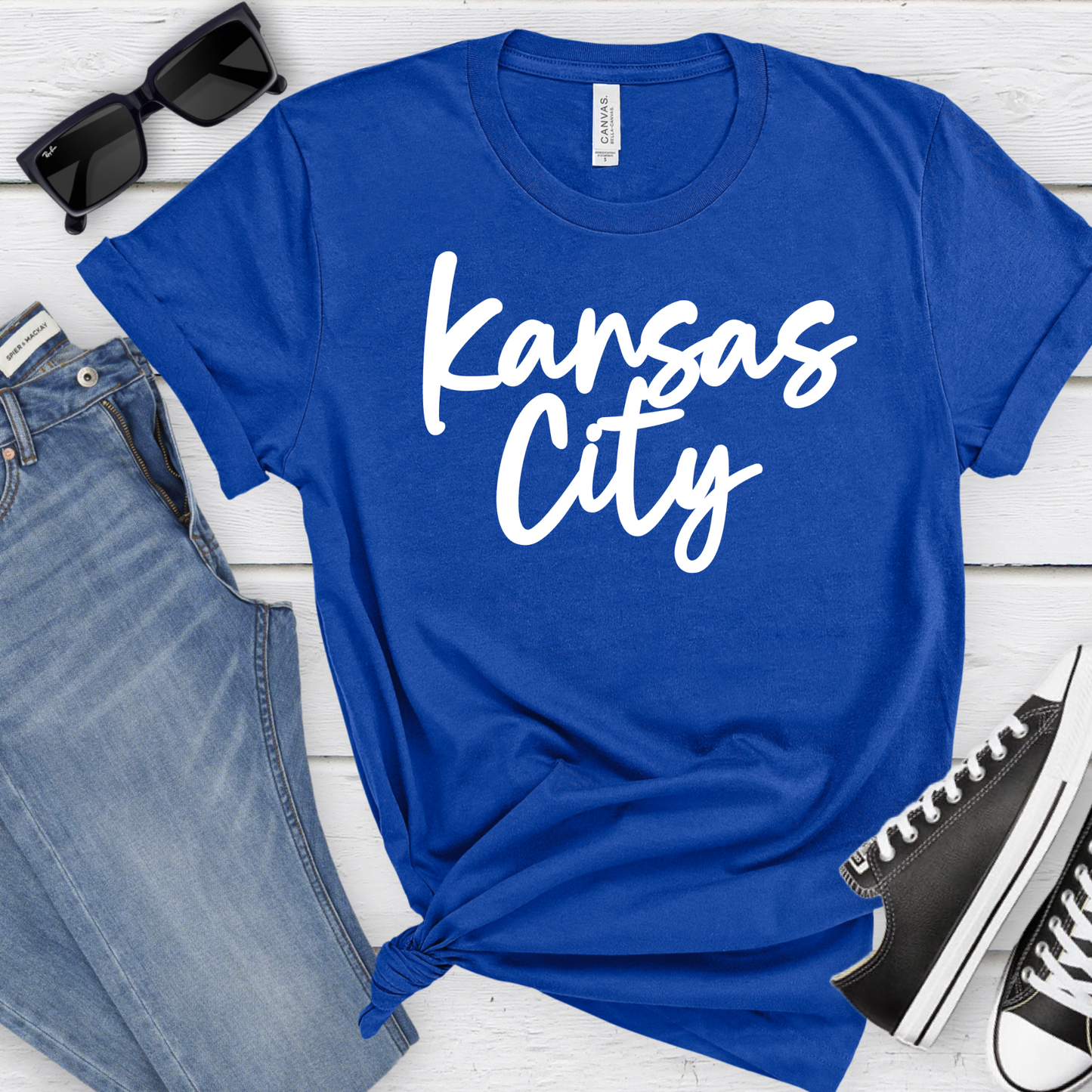 Kansas City Script Unisex T-Shirt - Royal, Baby Blue, or Gray