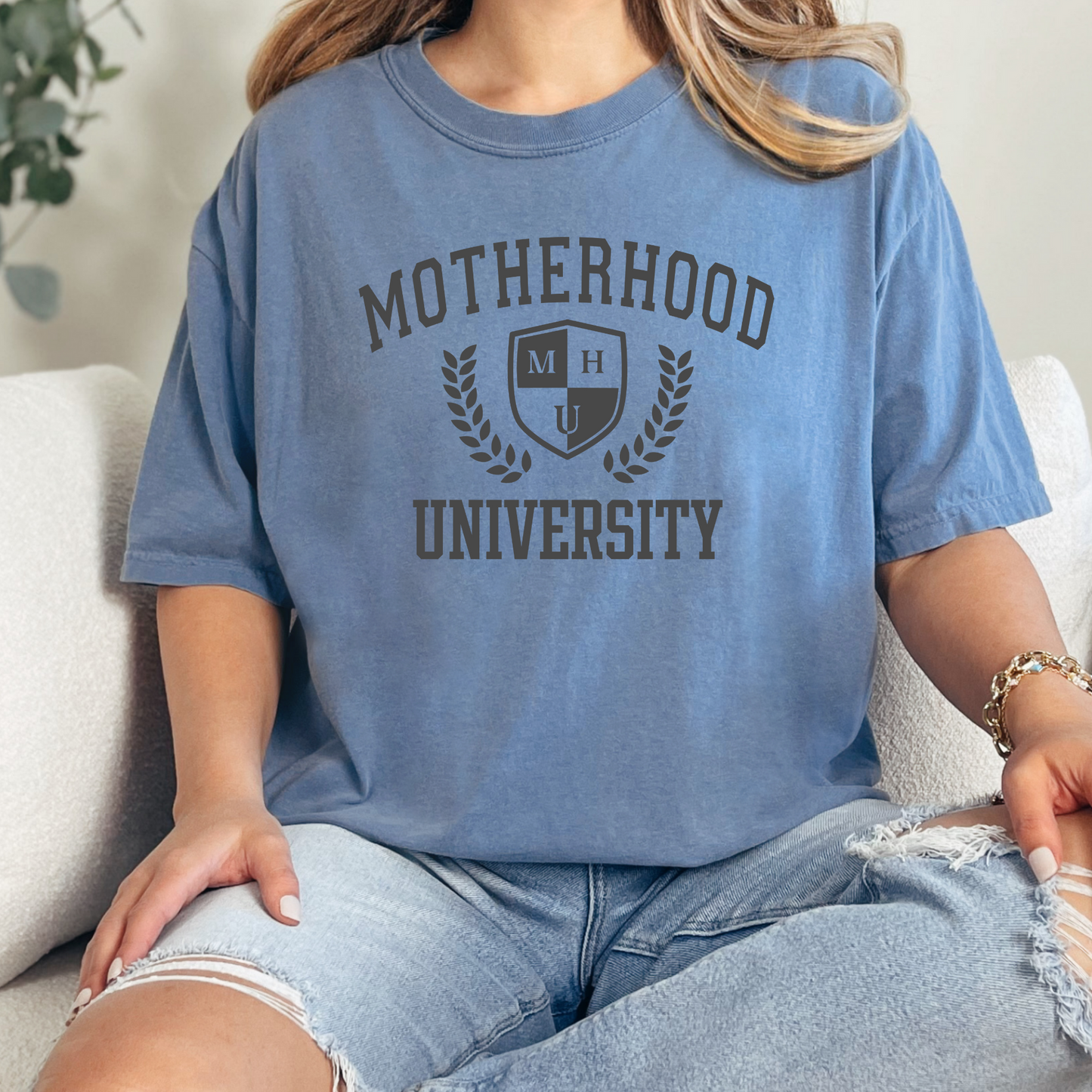 Motherhood University Comfort Colors T-Shirt - Green, Blue Jean, Pepper, Island Reef, Neon Pink, Orchid, or Watermelon