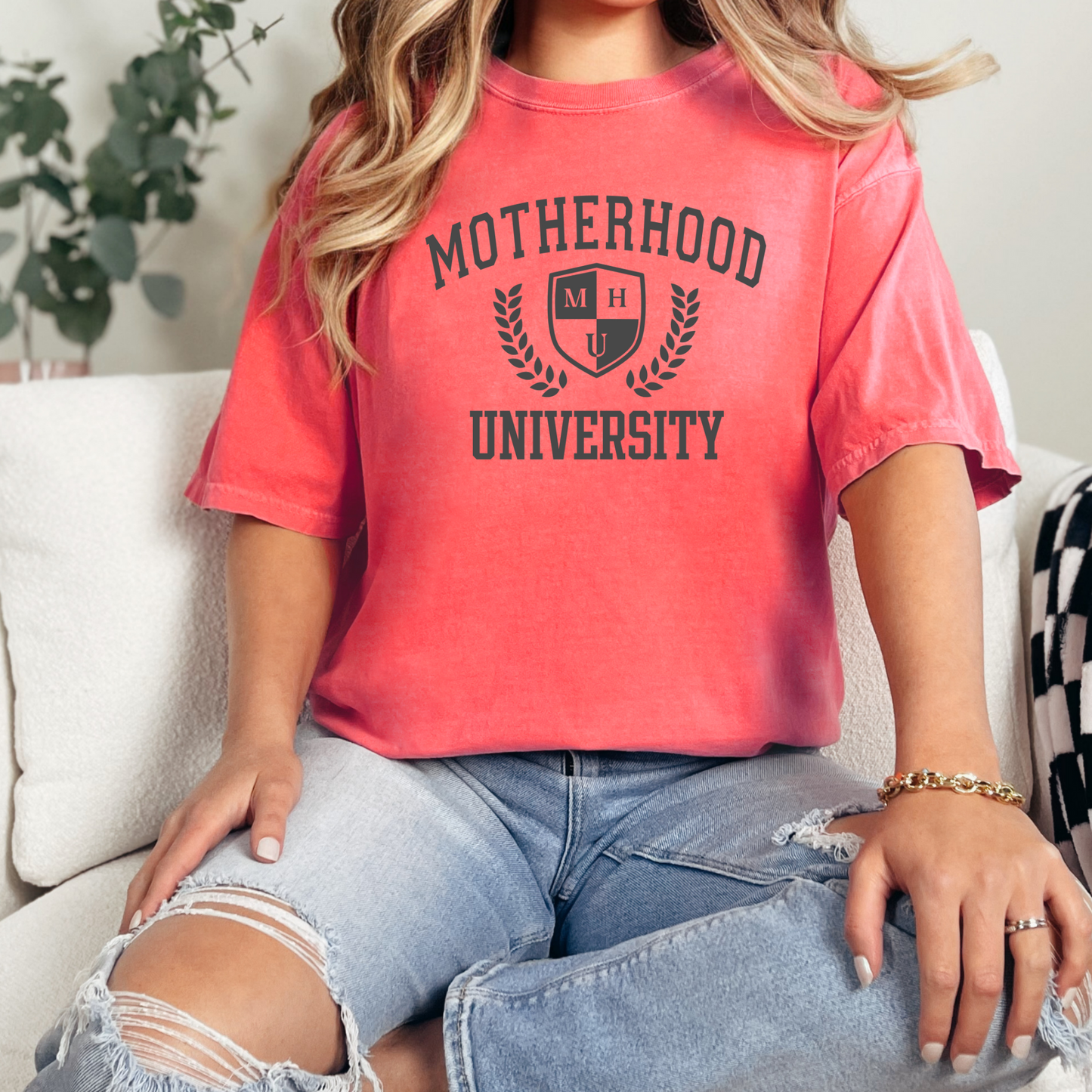 Motherhood University Comfort Colors T-Shirt - Green, Blue Jean, Pepper, Island Reef, Neon Pink, Orchid, or Watermelon