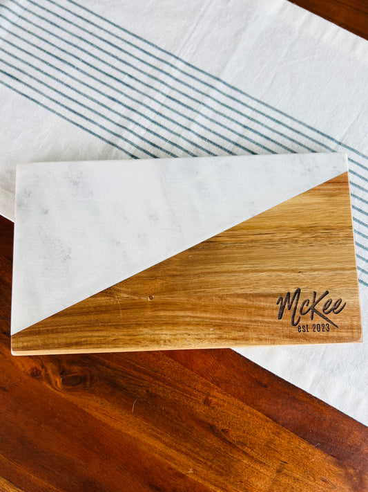 Personalized Engraved Marble and Wood Wedding Cutting Board - Custom Last Name and Year