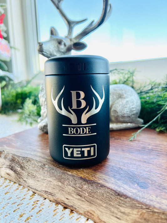 Personalized Yeti Colster with Deer Antler Design - Custom Engraved with Your Last Name - Premium Beverage Holder for Hunters