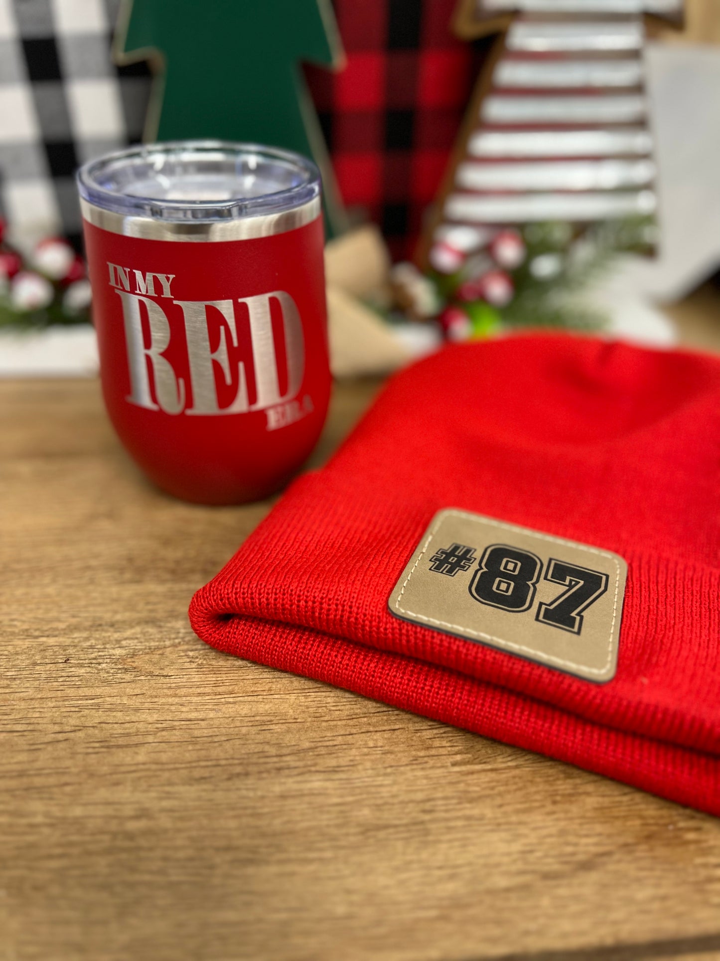 In My Red Era Gift Set - Engraved 12 oz Wine Tumbler & Customizable #87 Red Knit Beanie with Leather Patch