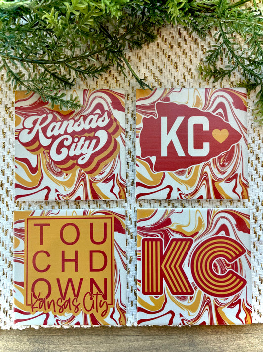Kansas City Football Spirit Ceramic Coasters - 4x4 Inch UV Printed Tiles with Protective Cork Base, Set of 4