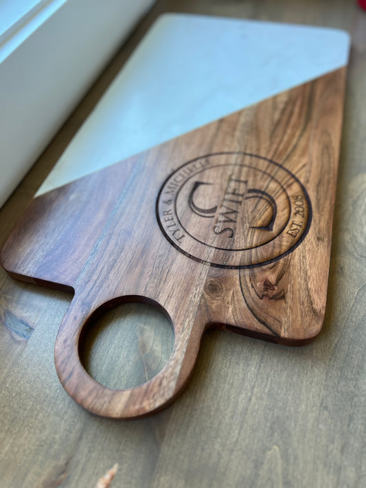 Large Personalized Wedding Wood and Marble Engraved Charcuterie Board