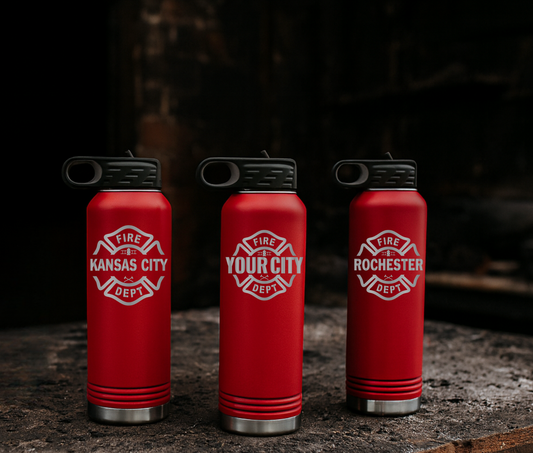 Three red 32‑oz vacuum‑insulated firefighter tumblers with custom city Maltese‑cross engravings.