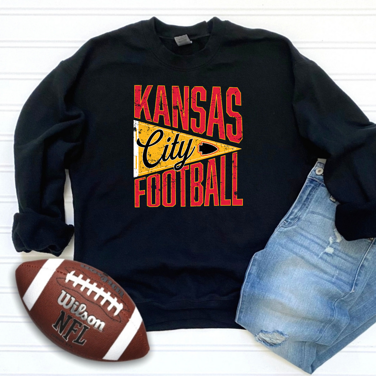 Kansas City Football Vintage Pennant Sweatshirt- Black, Grey and Sand Options