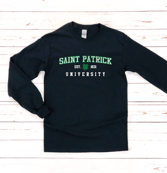 St. Patrick University Long-Sleeve T-Shirt - Black  Trendy Soft Unisex St. Patrick's Day Long-Sleeve T-Shirt. Perfect for day drinking!