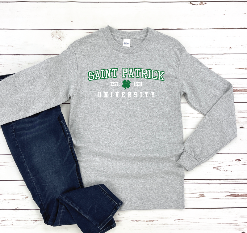 St. Patrick University Long-Sleeve T-Shirt - Gray  Trendy Soft Unisex St. Patrick's Day Long-Sleeve T-Shirt. Perfect for day drinking!