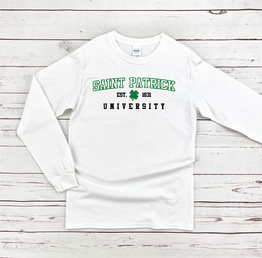 St. Patrick University Long-Sleeve T-Shirt - White  Trendy Soft Unisex St. Patrick's Day Long-Sleeve T-Shirt. Perfect for day drinking!