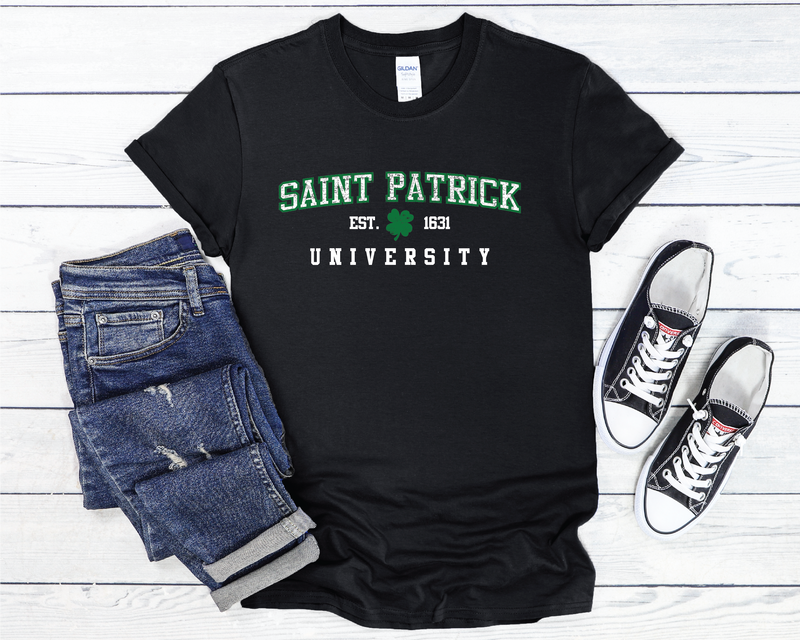 St. Patrick University T-Shirt - Black  Trendy Soft Unisex St. Patrick's Day Long-Sleeve T-Shirt. Perfect for day drinking!