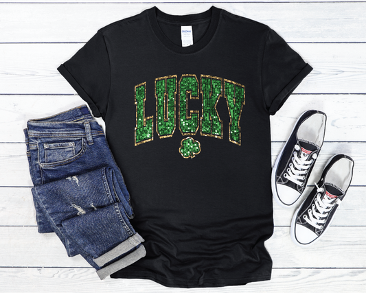 Faux Glitter Style Lucky Women's St. Patrick's Day T-Shirt - Black  Trendy Soft Unisex St. Patrick's Day T-Shirt. Perfect, casual, cute St. Patrick's Day look!