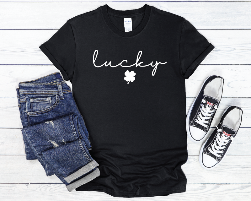 Cursive Lucky Shamrock T-Shirt - Women's St. Patrick's Day Shirt - Black  Trendy Soft Unisex St. Patrick's Day T-Shirt. Perfect for day drinking!