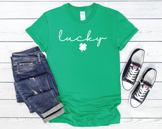 Cursive Lucky Shamrock T-Shirt - Women's St. Patrick's Day Shirt - Kelly Green  Trendy Soft Unisex St. Patrick's Day T-Shirt. Perfect for day drinking!