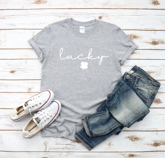 Cursive Lucky Shamrock T-Shirt - Women's St. Patrick's Day Shirt - Gray  Trendy Soft Unisex St. Patrick's Day T-Shirt. Perfect for day drinking!