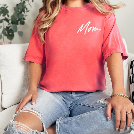 Mom Pocket Script Comfort Colors T-Shirt - Green, Blue Jean, Pepper, Island Reef, Neon Pink, Orchid, or Watermelon